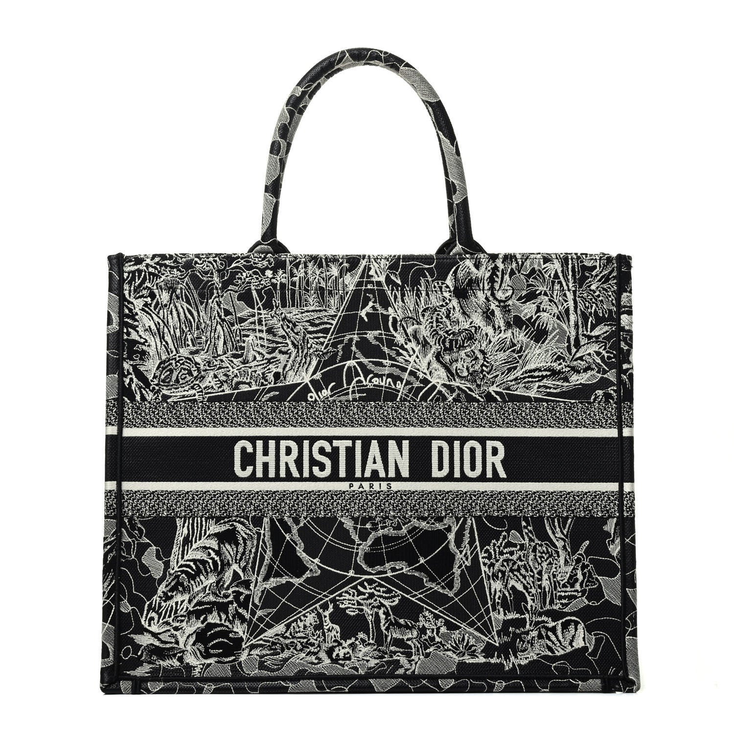 Christian Dior Canvas Embroidered Large Around The World Book Tote Black White 1 of 9