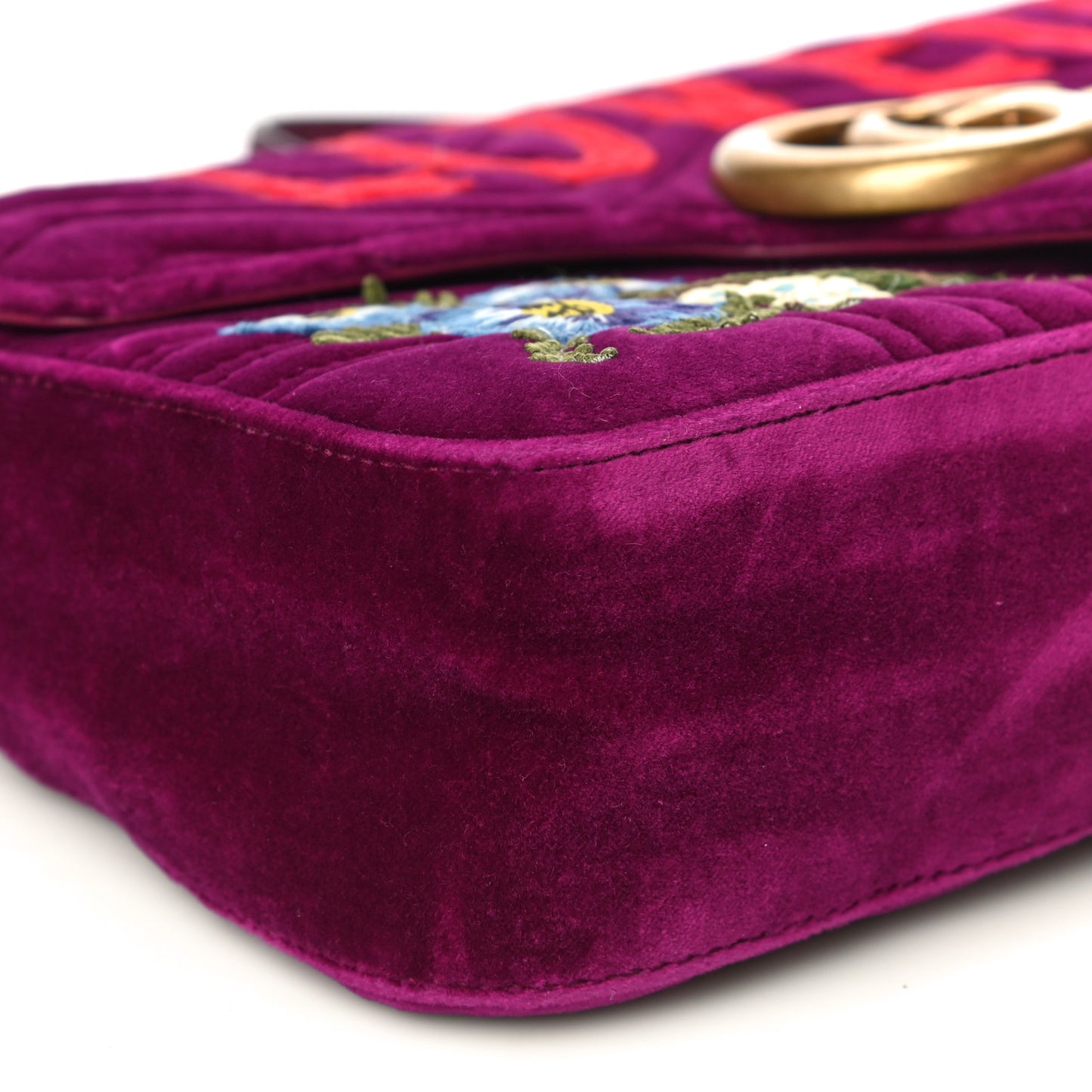 Velvet Matelasse Loved Embroidered Medium GG Marmont Shoulder Bag Fuchsia Violet Cyclamen