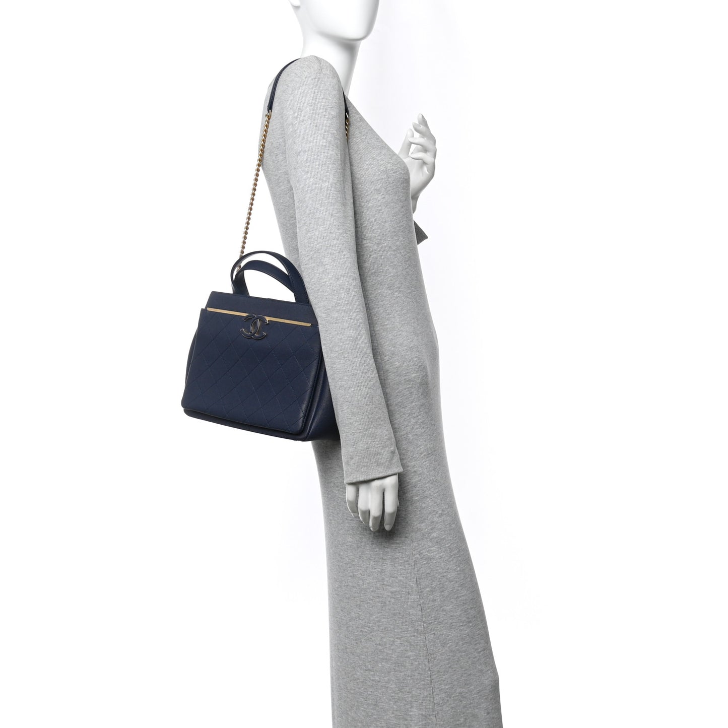 Grained Calfskin Stitched Small Lady Coco Top Handle Tote Navy