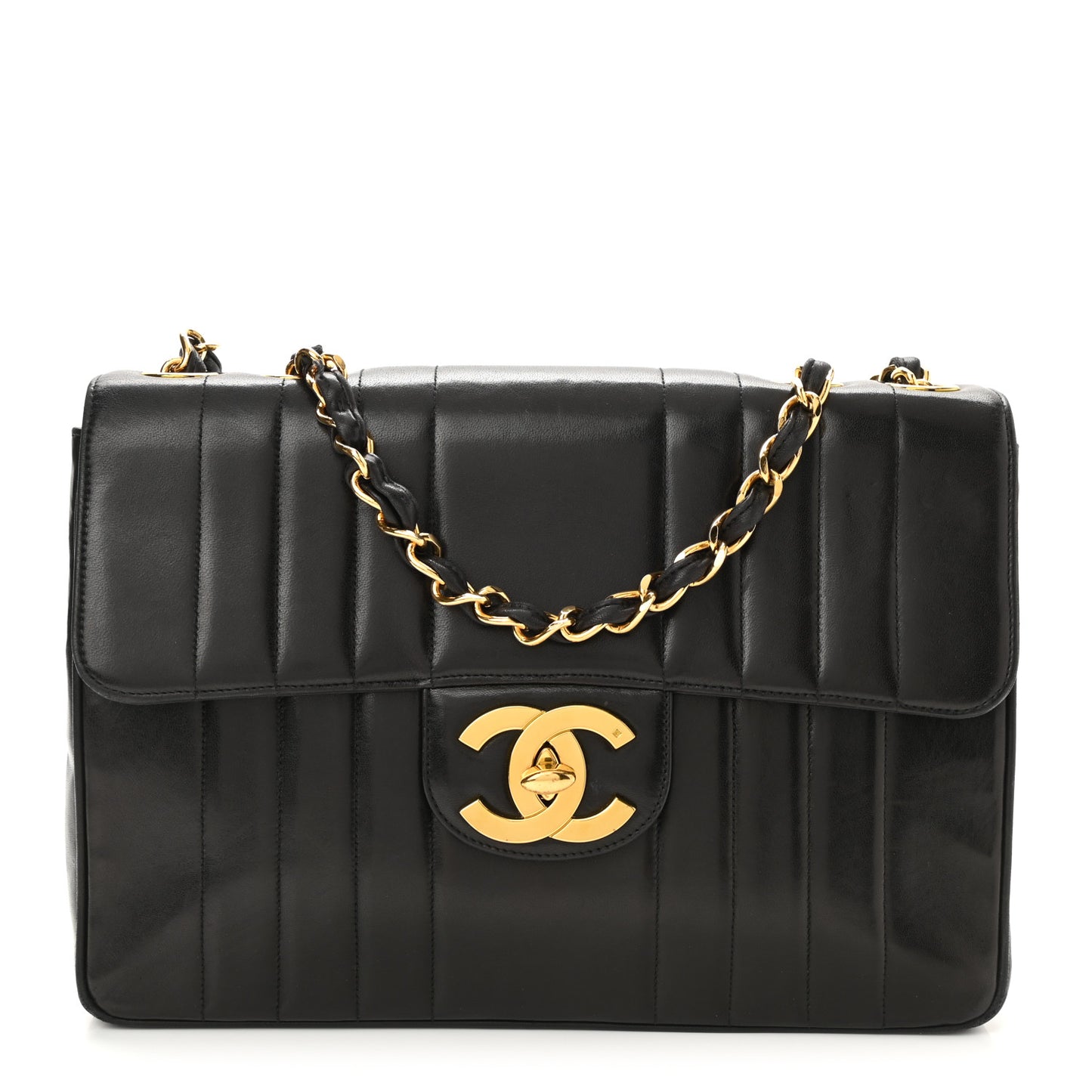Lambskin Vertical Quilt Jumbo Single Flap Black