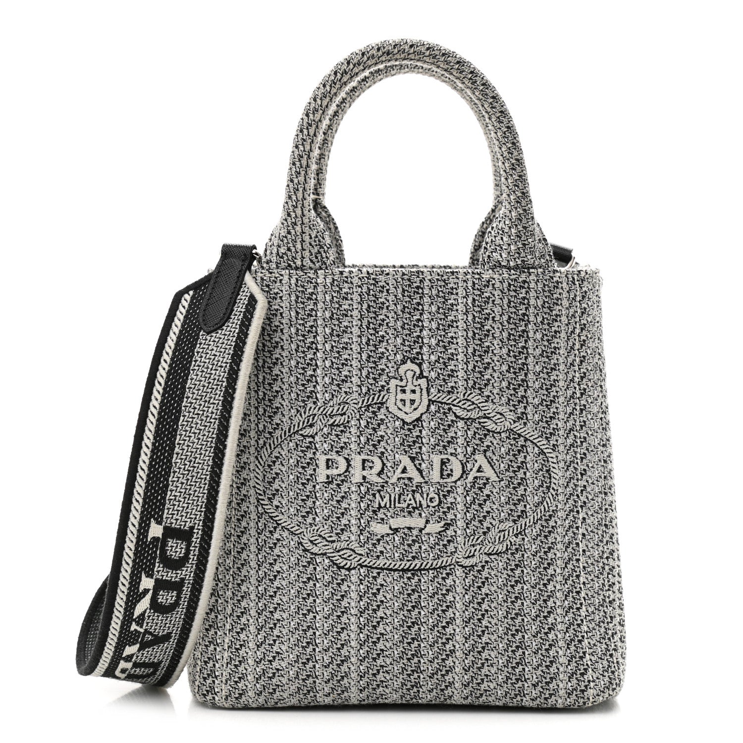 Prada Jacquard Logo Embroidered Small Tote Black Talco 1 of 9