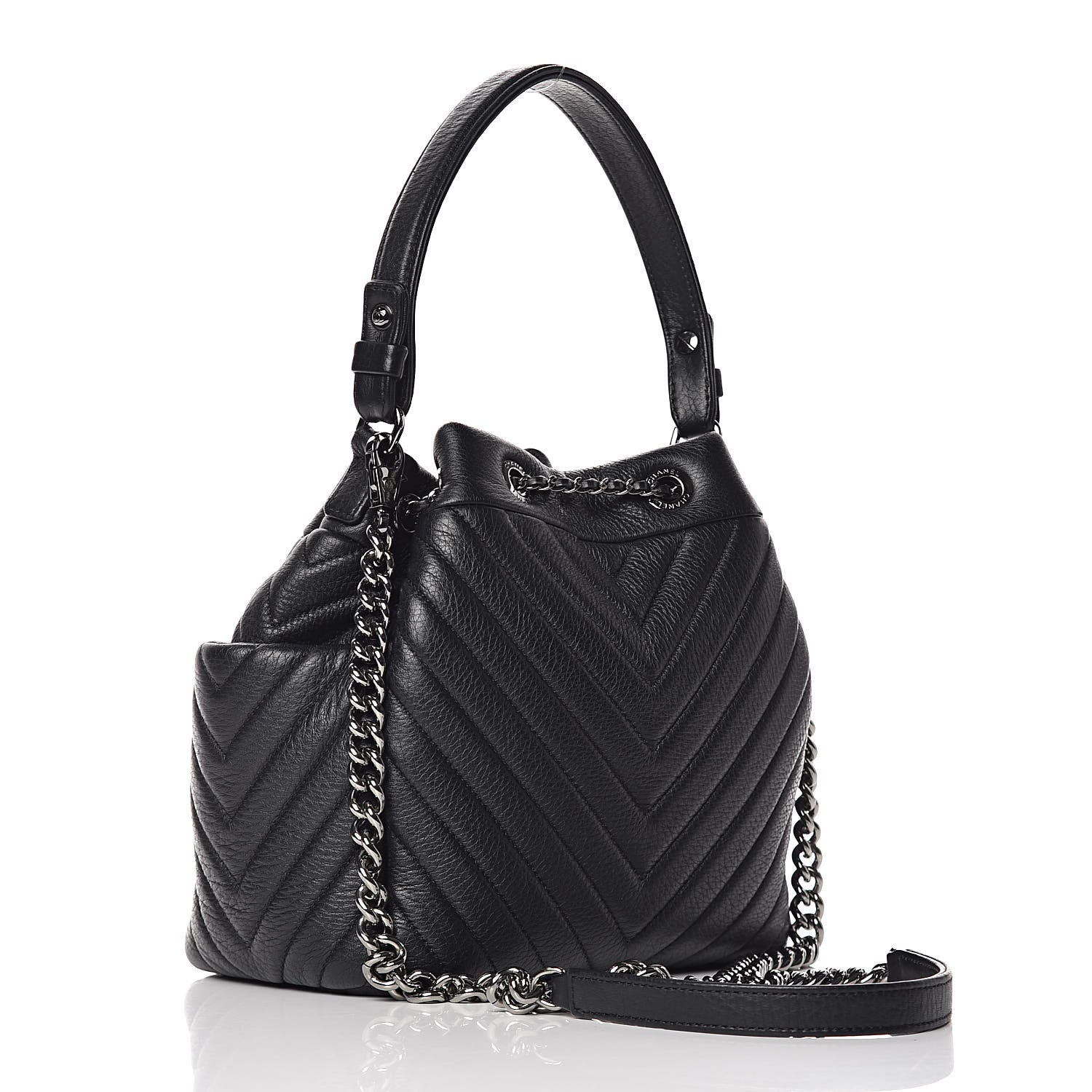 Chanel Deerskin Chevron Small CC Chain Bucket Bag Black 3 of 10