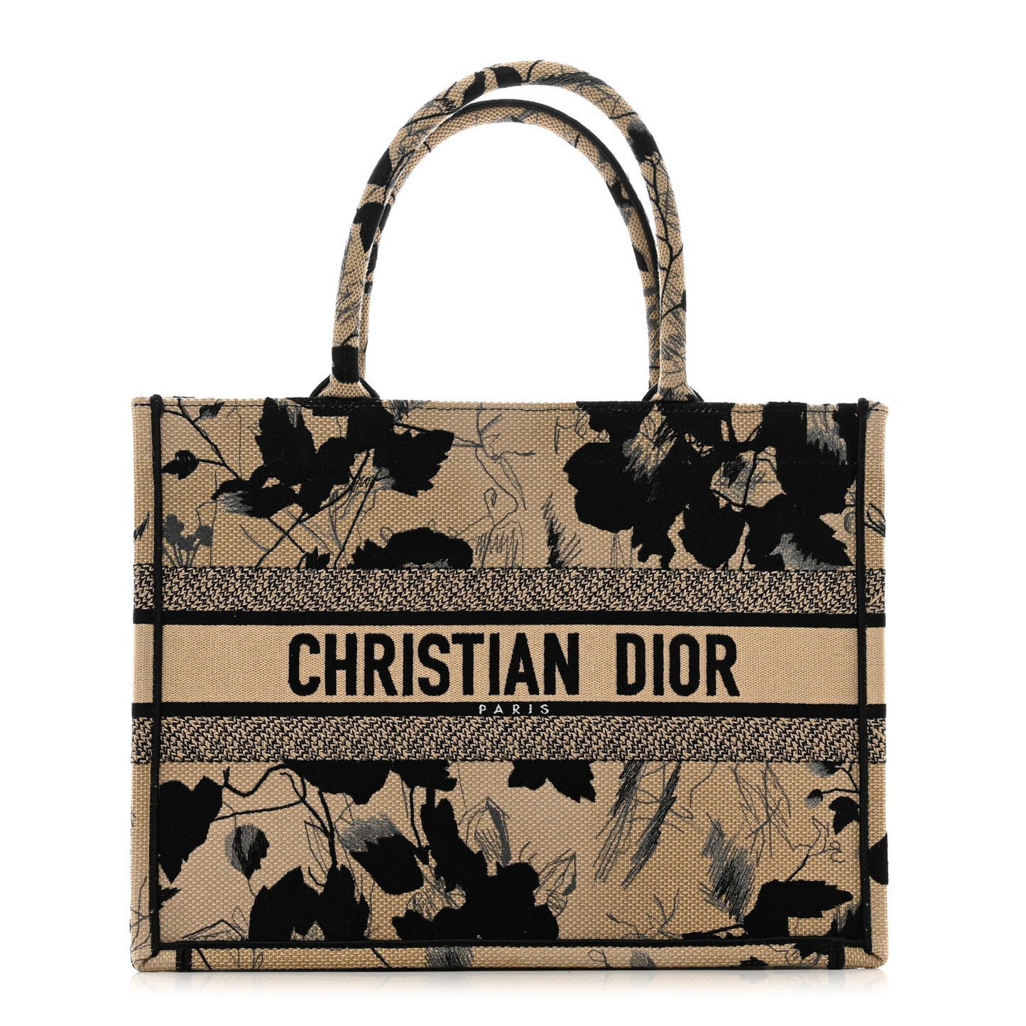 Canvas Embroidered Medium Fleurs Mystiques Book Tote Black Beige