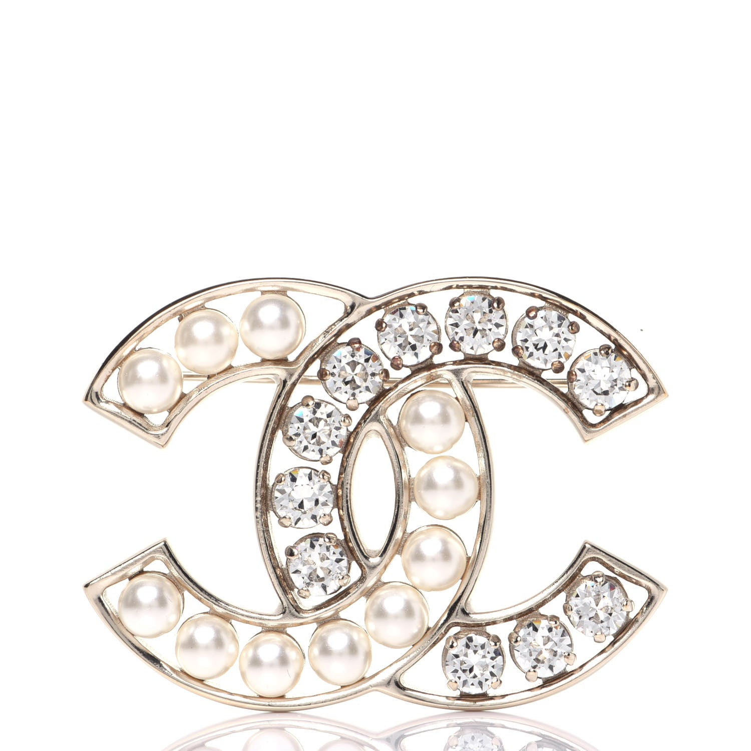 Chanel Pearl Crystal CC Brooch Gold Pearly White 1 of 7