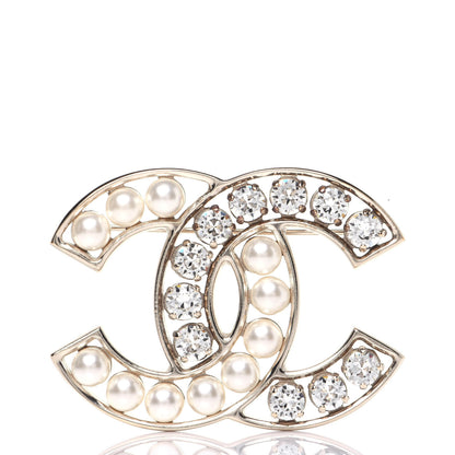 Chanel Pearl Crystal CC Brooch Gold Pearly White 1 of 7