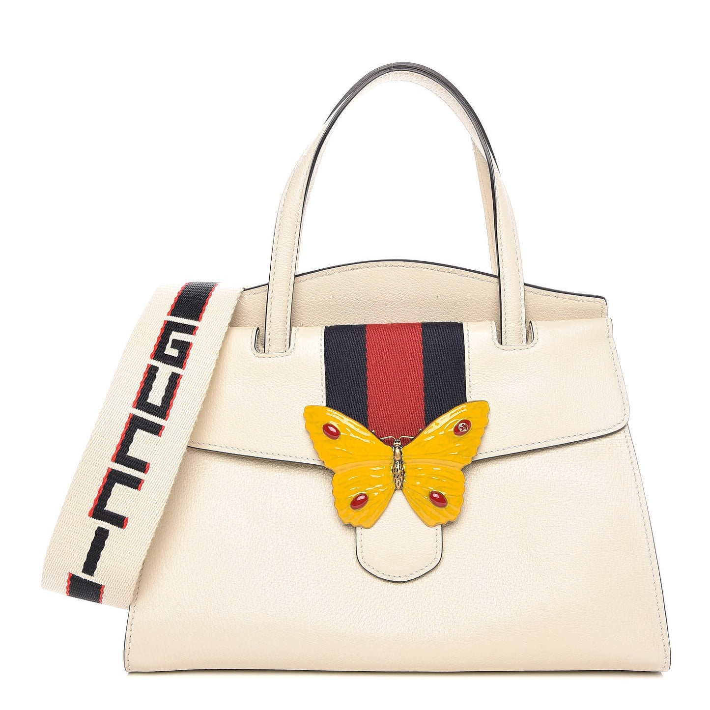 Grained Calfskin Web Stripe Butterfly Medium Totem Top Handle Bag White