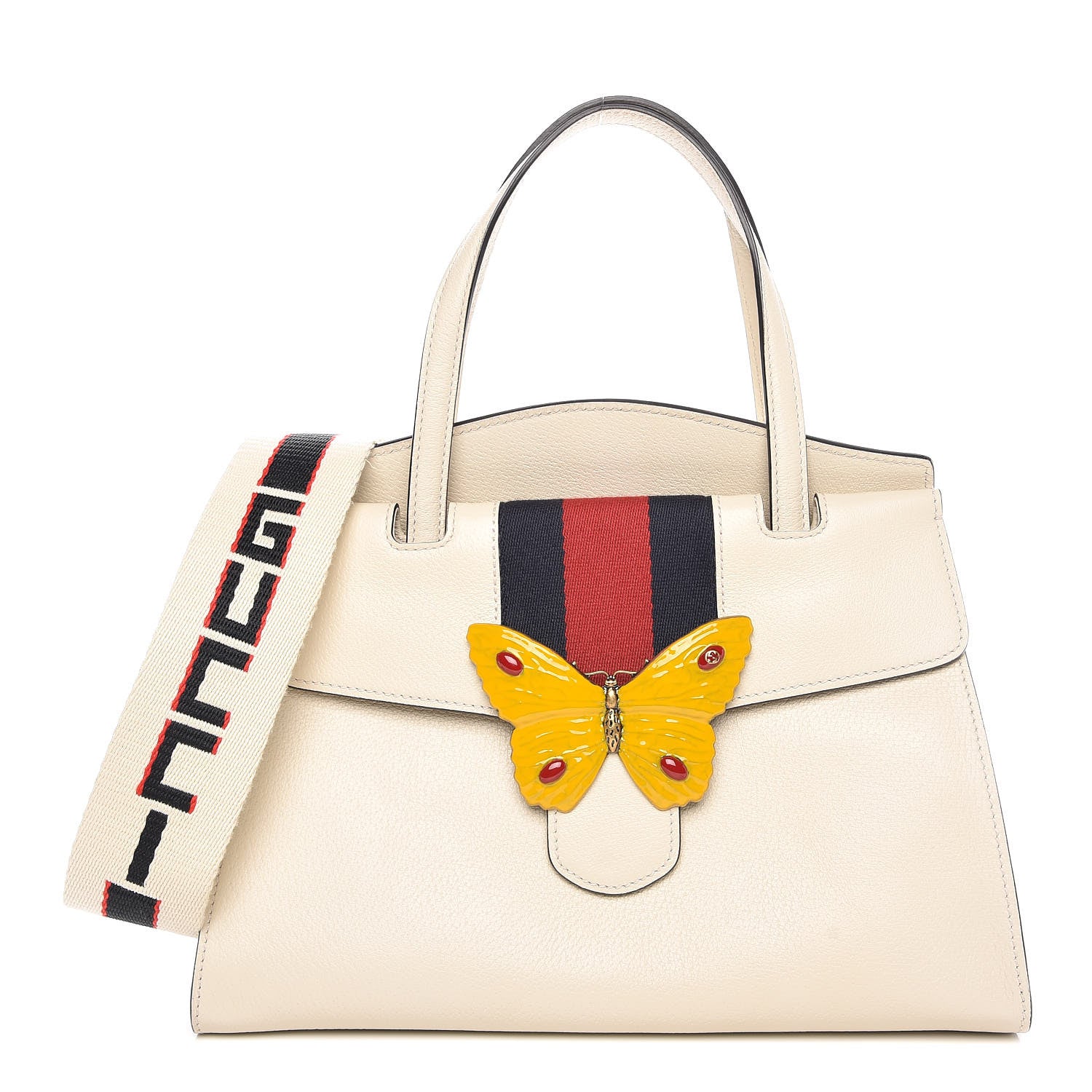 Gucci Grained Calfskin Web Stripe Butterfly Medium Totem Top Handle Bag White 1 of 10