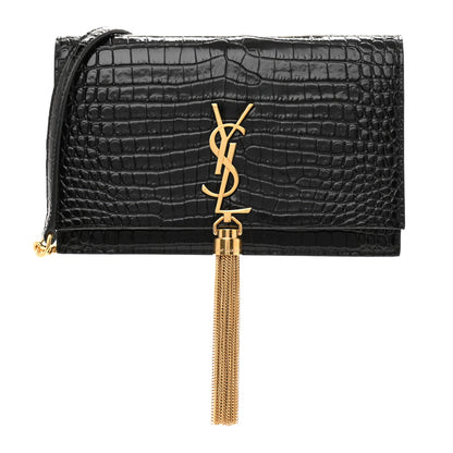 Saint Laurent Calfskin Crocodile Embossed Kate Monogram Tassel Chain Wallet Black 1 of 8
