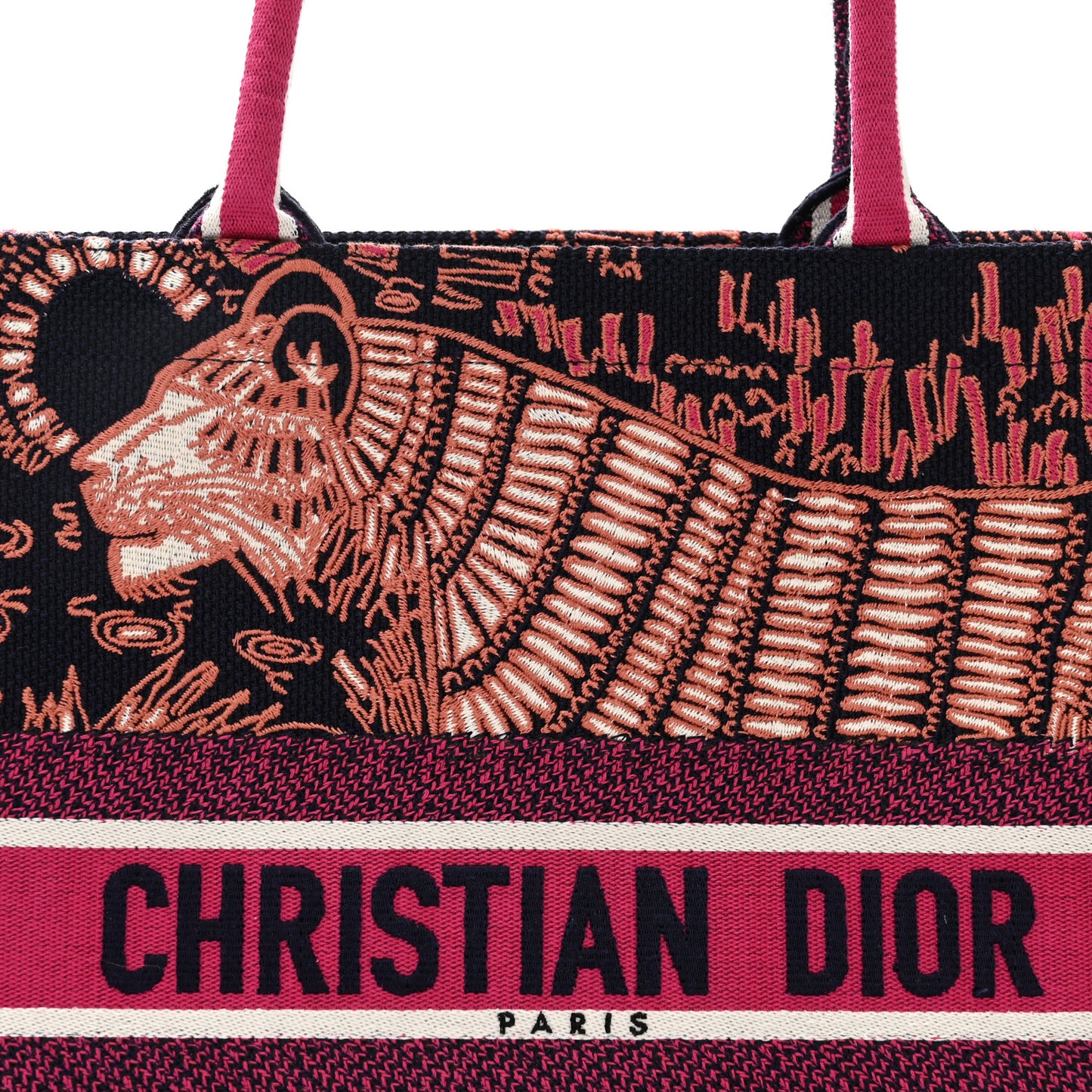 Canvas Embroidered Dior Animals Tiger Book Tote Deep Blue Fuchsia