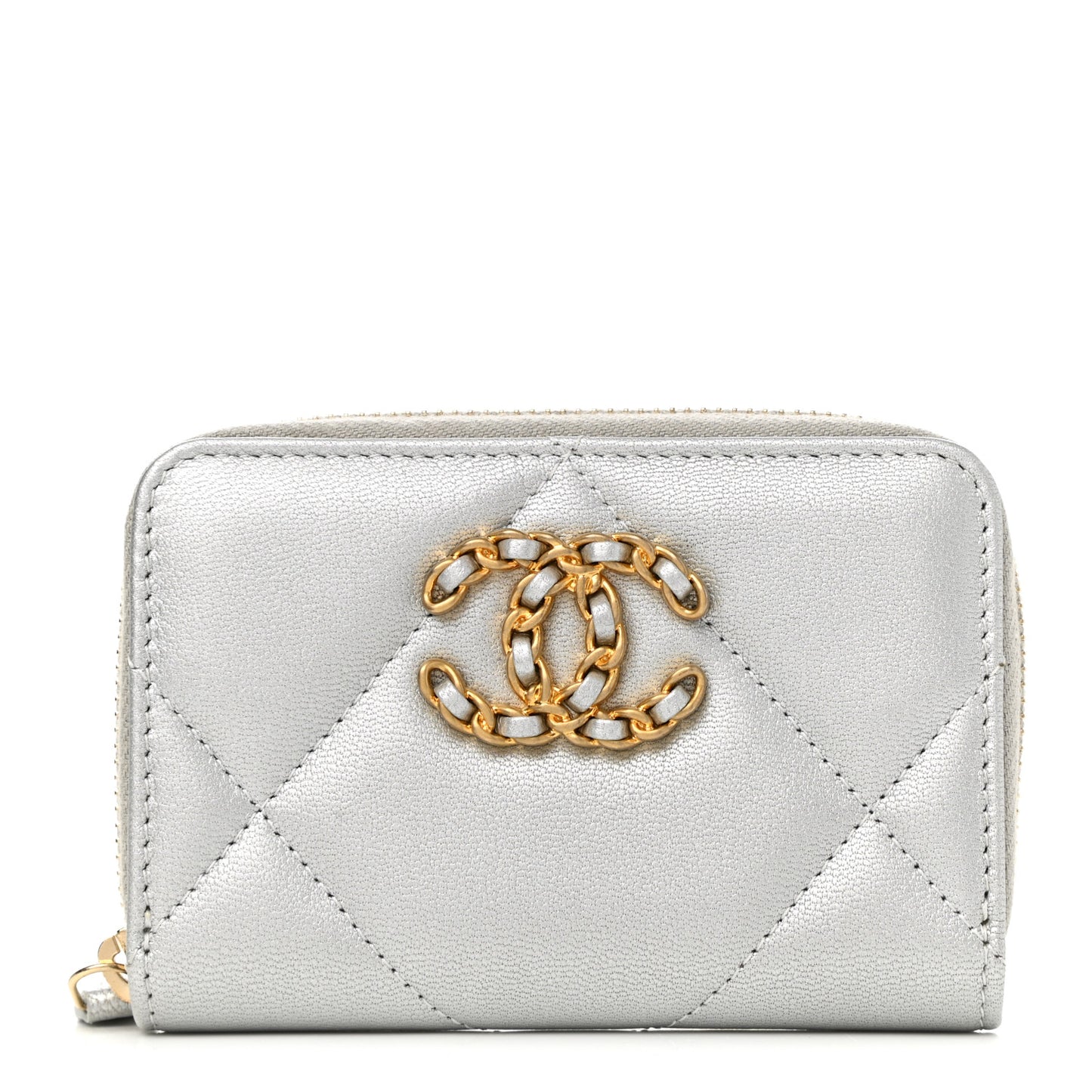 Metallic Goatskin Quilted Chanel 19 Zip Around Coin Purse Wallet Silver