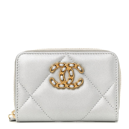 Chanel Metallic Goatskin Quilted Chanel 19 Zip Around Coin Purse Wallet Silver 2 of 15