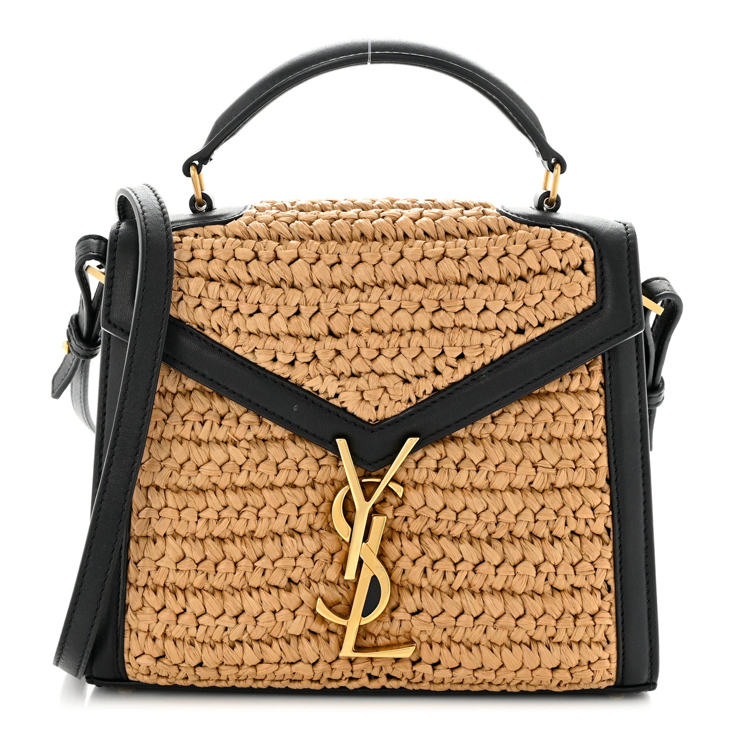 Raffia Calfskin Mini Classic Monogram Cassandra Top Handle Black Natural