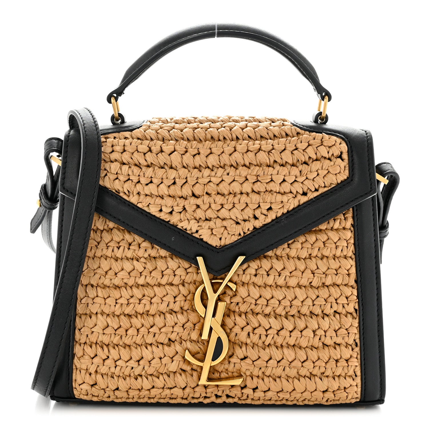 Saint Laurent Raffia Calfskin Mini Classic Monogram Cassandra Top Handle Black Natural 1 of 9