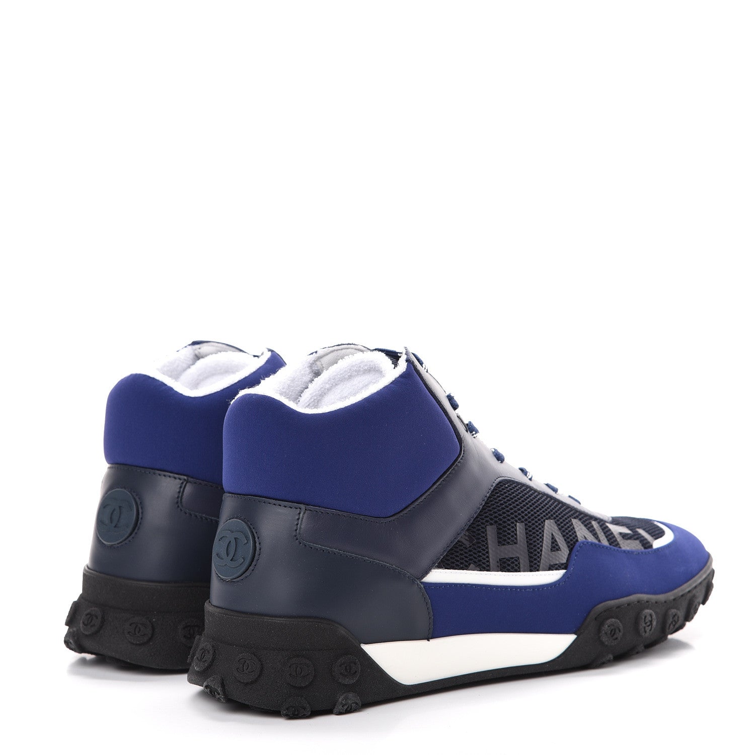 Chanel Calfskin Mesh Lycra Womens Logo High Top Sneakers 40.5 Navy 4 of 9