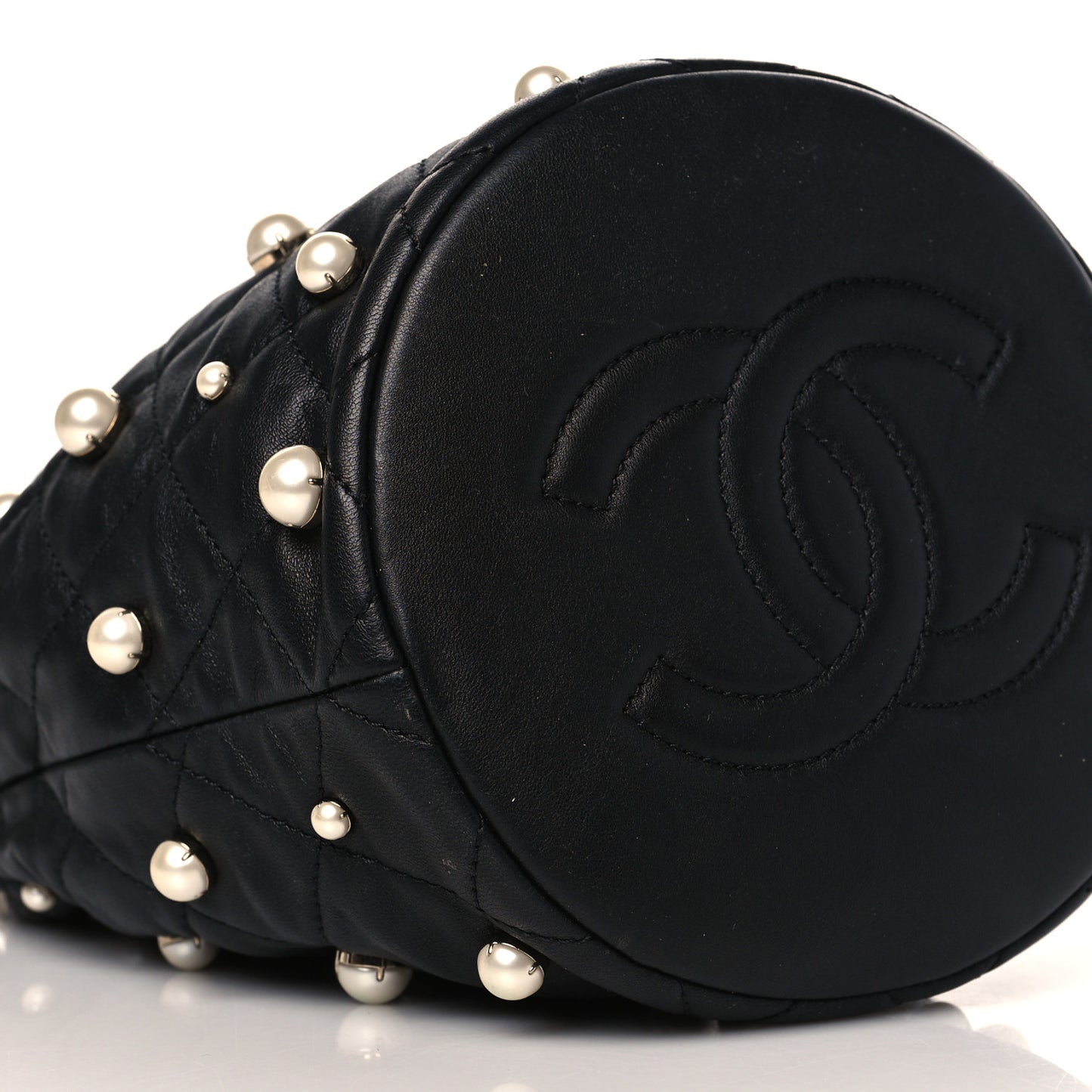 Lambskin Quilted Pearl About Pearls Drawstring Bag Black