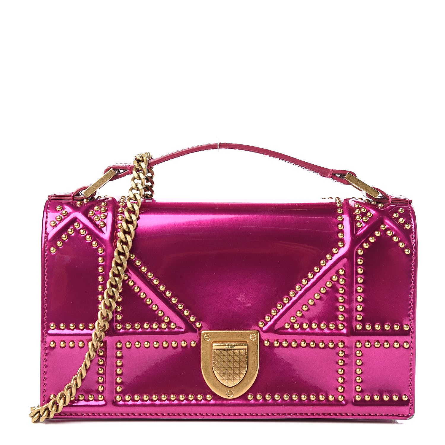 Christian Dior Patent Studded Diorama Top Handle Wallet on Chain