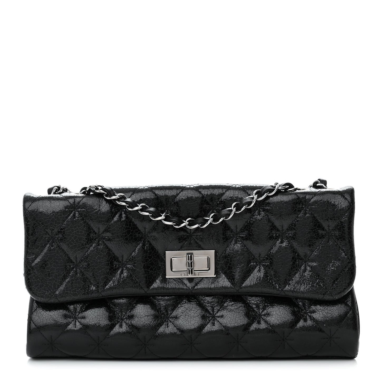 Glazed Crackled Calfskin Mademoiselle Flap Black