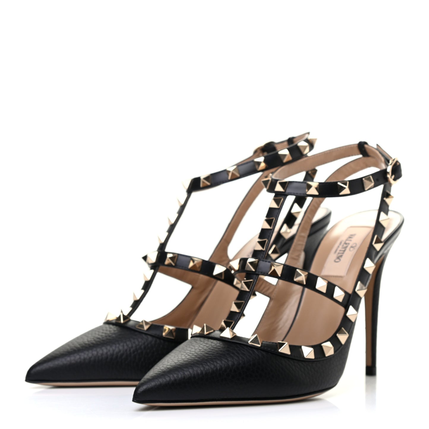Pebbled Calfskin Rockstud Ankle Strap Pumps 39 Black
