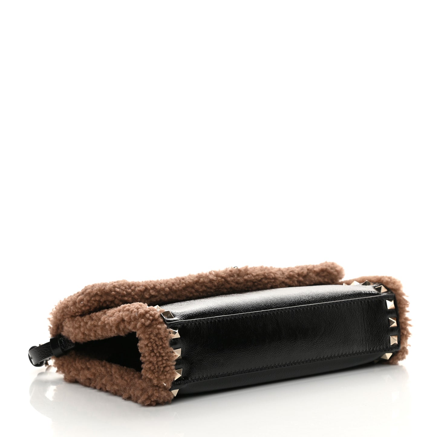 Textured Patent Calfskin Shearling Medium Rockstud Flip Lock Crossbody Bag Black