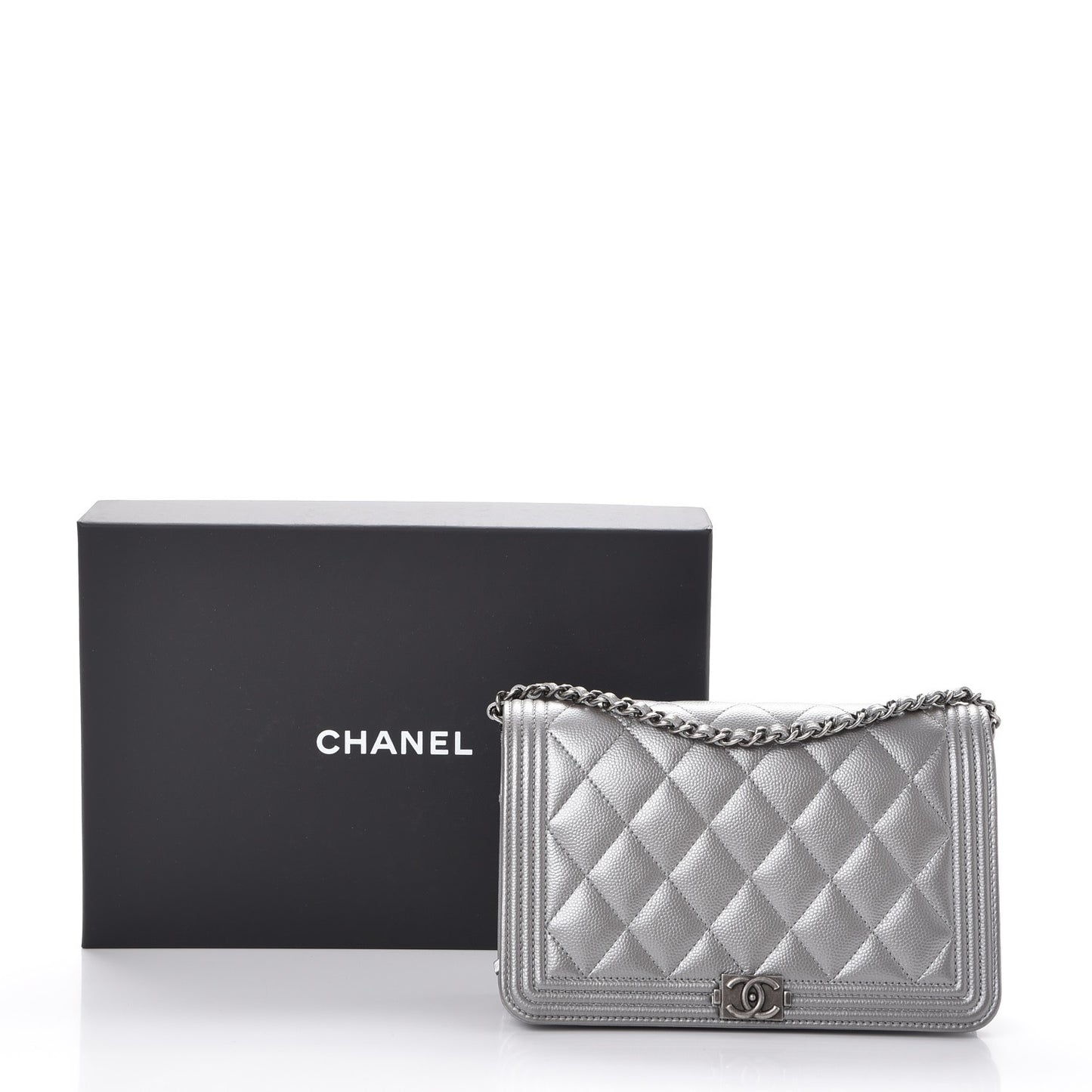 Metallic Caviar Quilted Boy Wallet On Chain WOC Silver