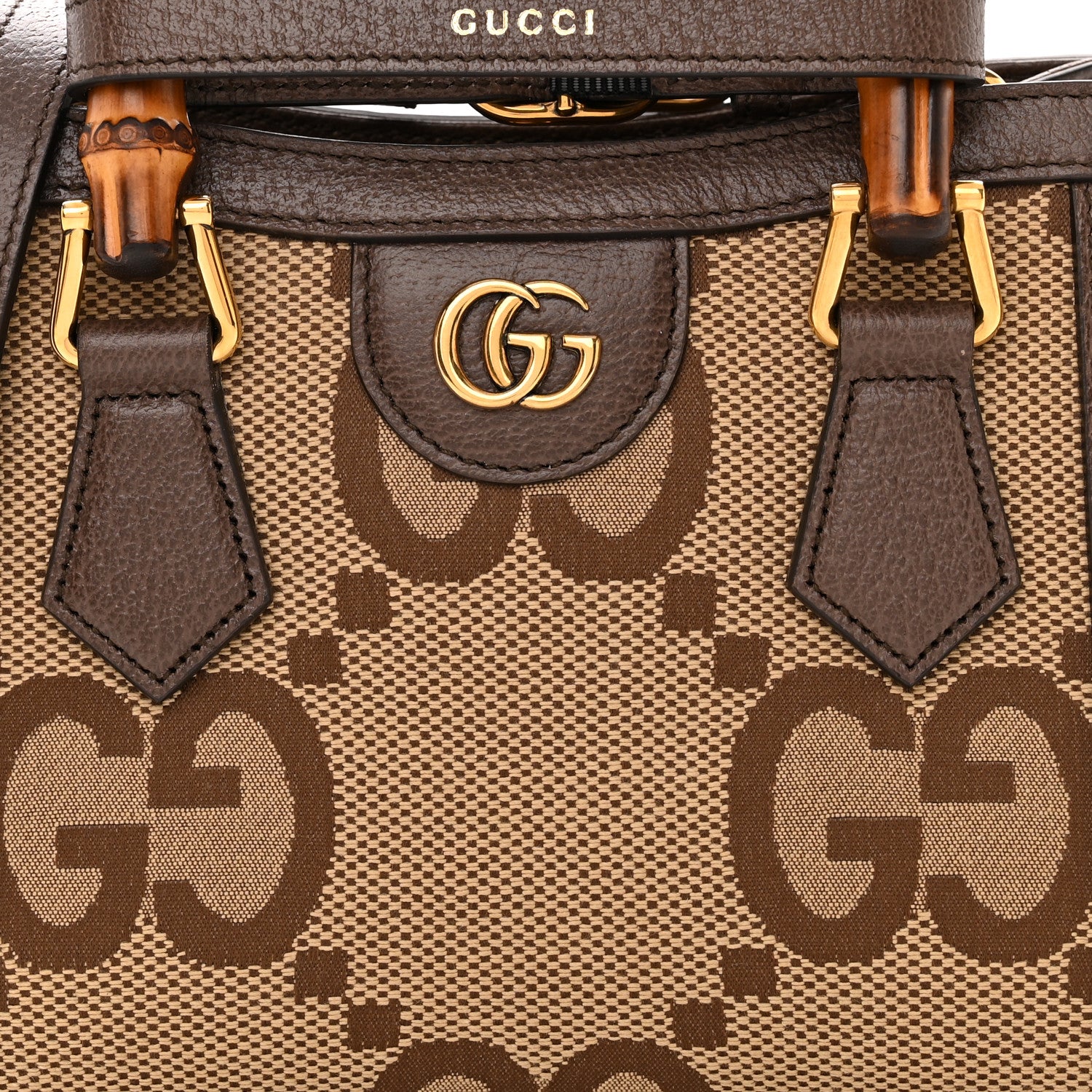 Gucci Monogram Jumbo GG Textured Dollar Calfskin Mini Diana Tote Bag Camel Ebony New Acero 8 of 10