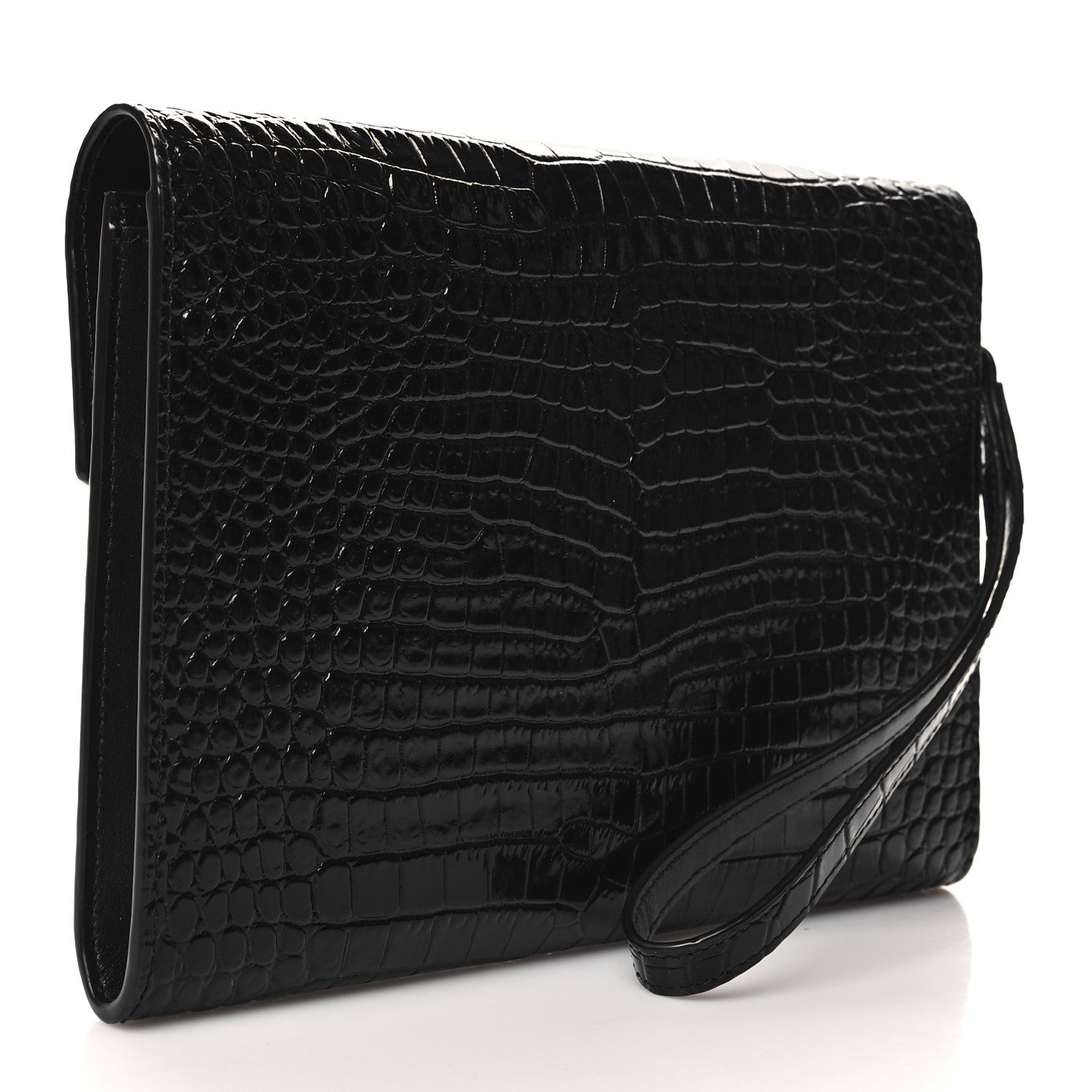Saint Laurent SAINT LAURENT Calfskin Crocodile Embossed Monogram Cassandre Flap Pouch Black 3 of 11