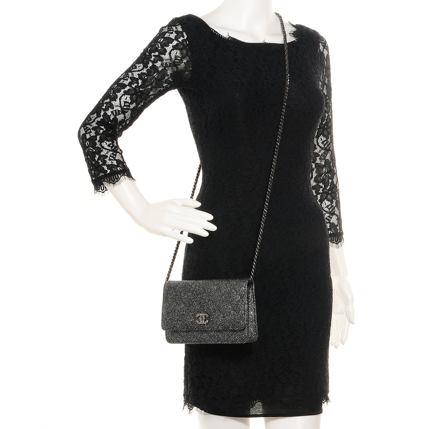 Glitter Calfskin Quilted Wallet on Chain WOC Black Silver