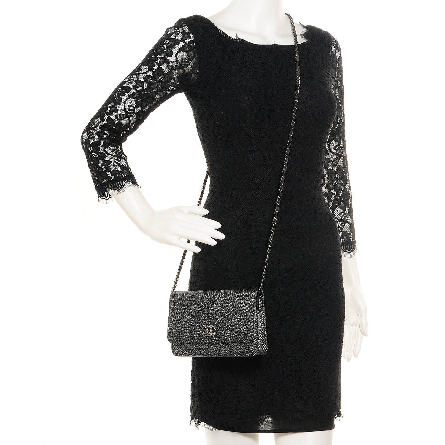 Chanel Glitter Calfskin Quilted Wallet on Chain WOC Black Silver 2 of 9