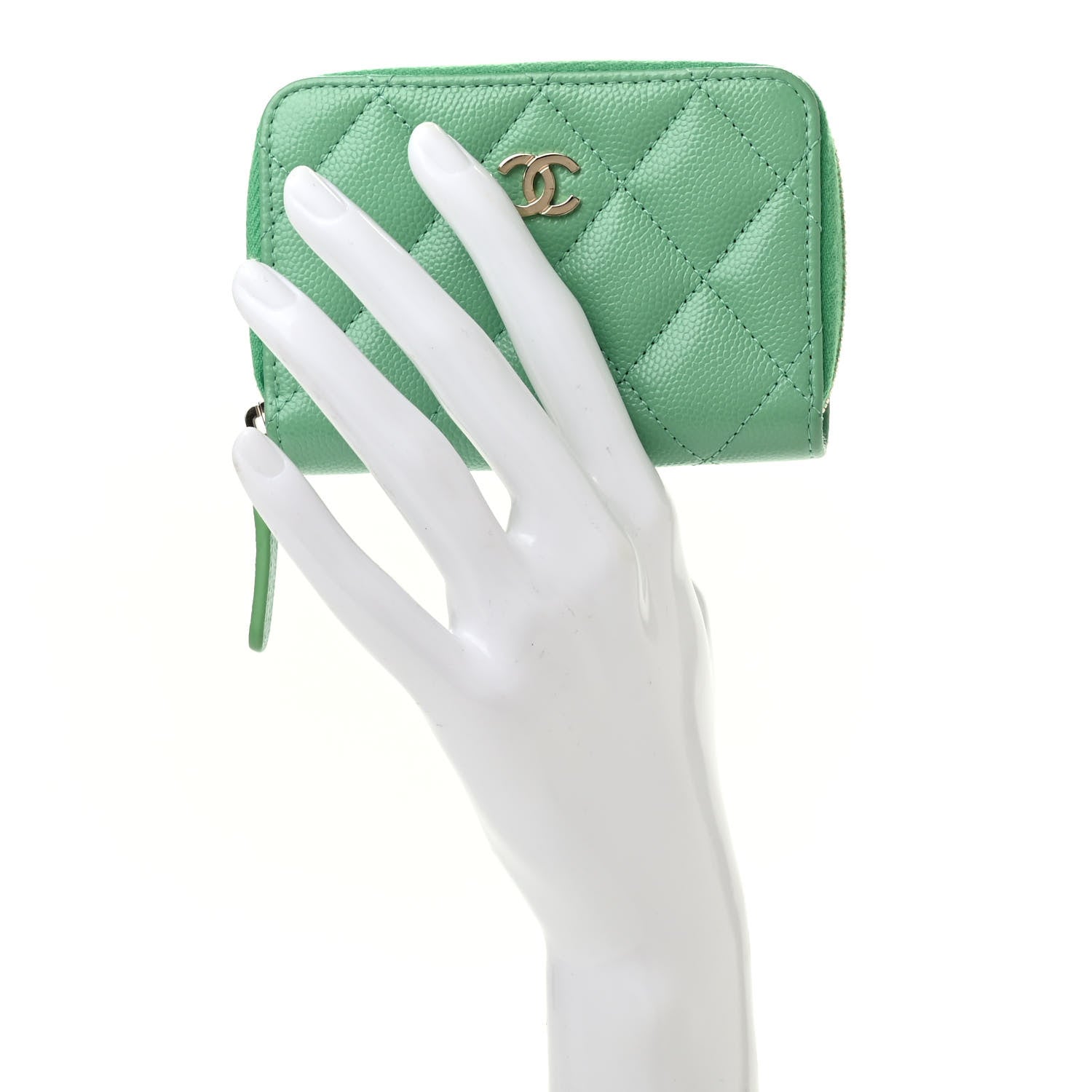 Chanel Caviar Quilted Zip Around Coin Purse Wallet Light Green 2 of 7