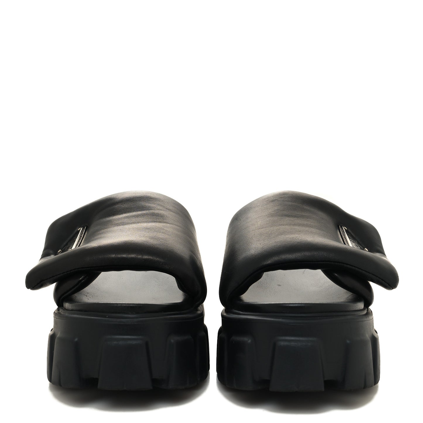 Nappa Soft Padded Metal Triangle Logo Monolith 55mm Slide Sandals 39 Black