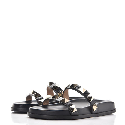 Valentino Garavani Pebbled Calfskin Macro Rockstud Lock Slide Sandals 37.5 Black 3 of 9