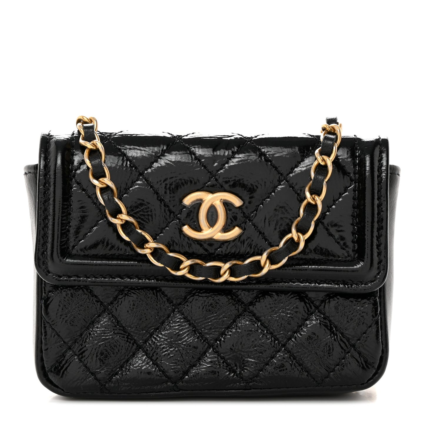 Shiny Aged Calfskin Quilted Waist Belt Bag Black