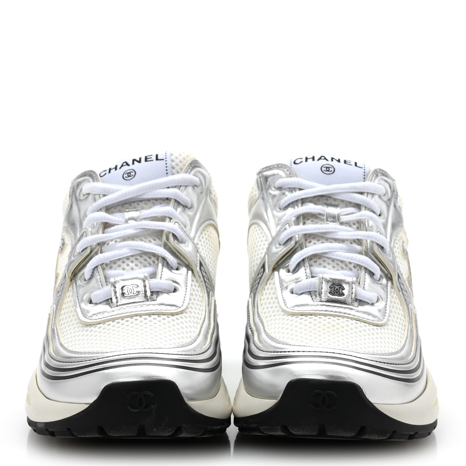 Chanel Fabric Laminated Calfskin Stretch CC Sneakers 38 White Silver 3 of 10