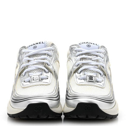 Chanel Fabric Laminated Calfskin Stretch CC Sneakers 38 White Silver 3 of 10