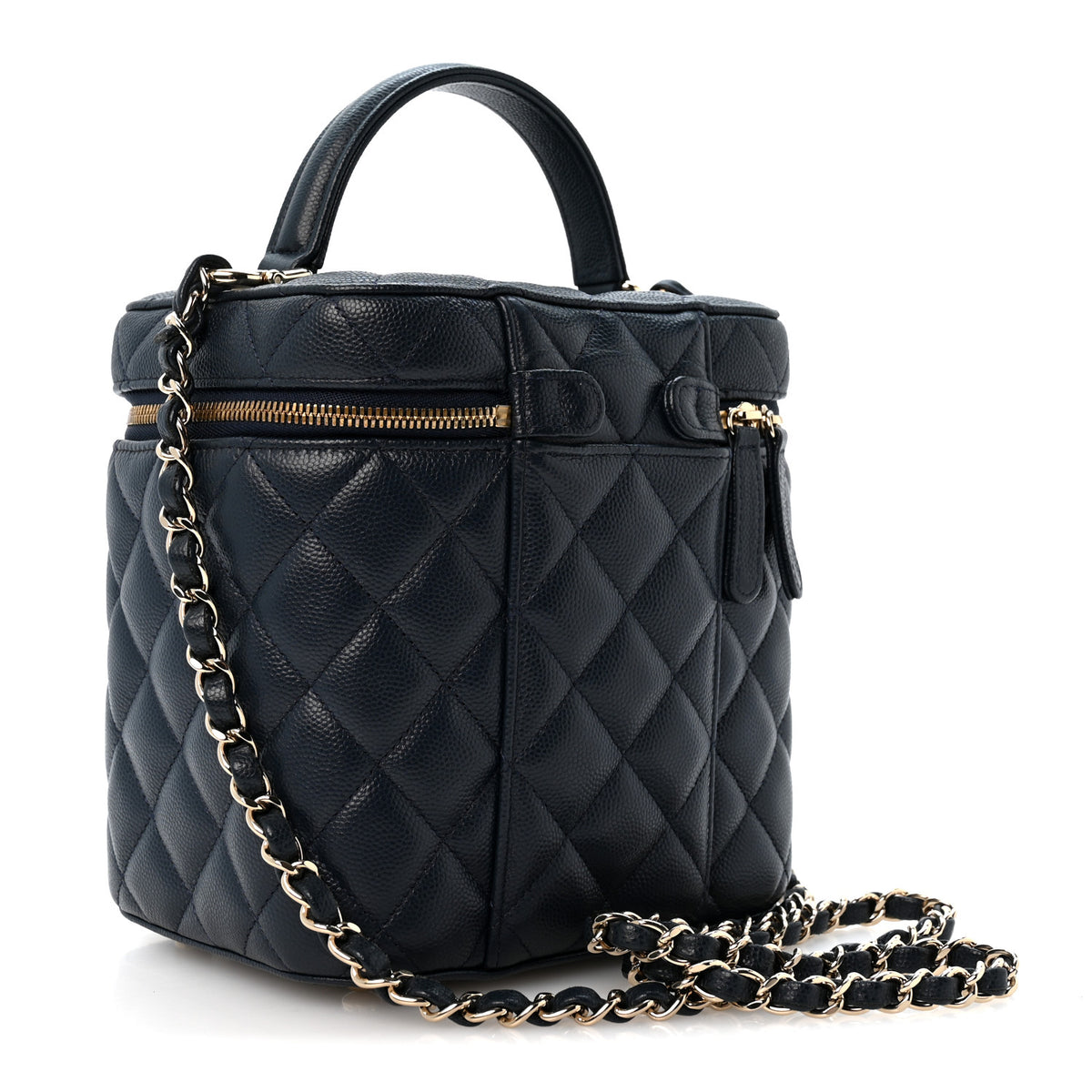 Caviar Quilted Small Top Handle Vanity Case With Chain Navy Blue