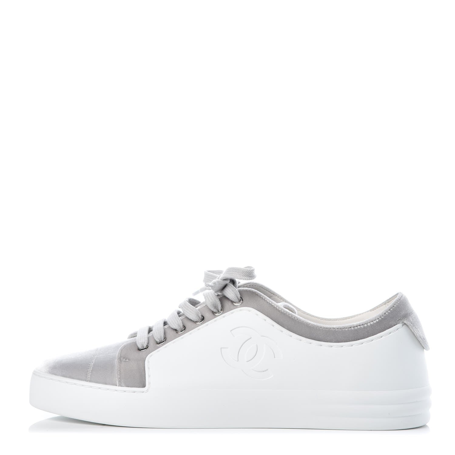 Chanel Calfskin Velvet Womens CC Sneakers 40.5 White Silver 1 of 10