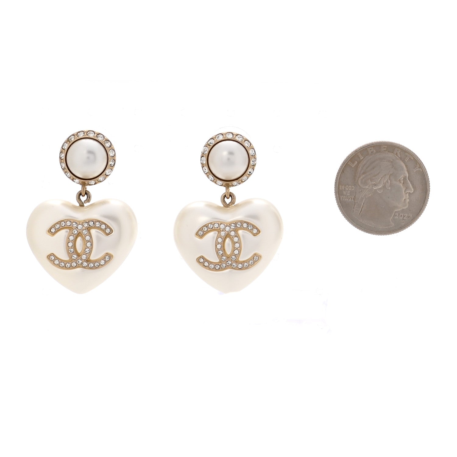 Chanel Pearl Crystal CC Heart Drop Earrings Gold 3 of 6