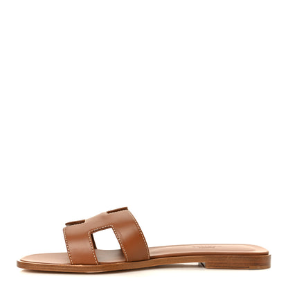 Hermes Box Calfskin Oran Sandals 37.5 Gold 1 of 10