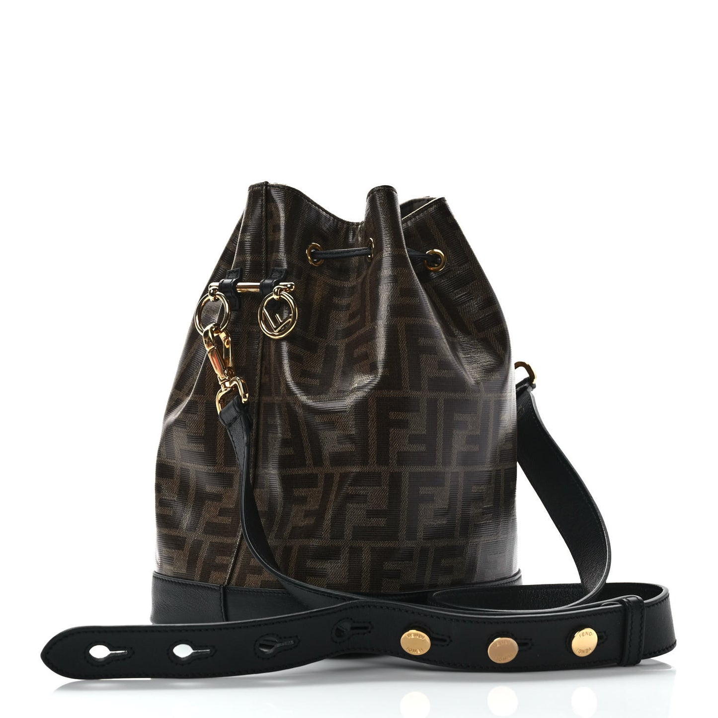 Glazed Fabric Vitello Grace F is Fendi FF 1974 Stamp Patch Grande Mon Tresor Bucket Bag Mogano Panna Black