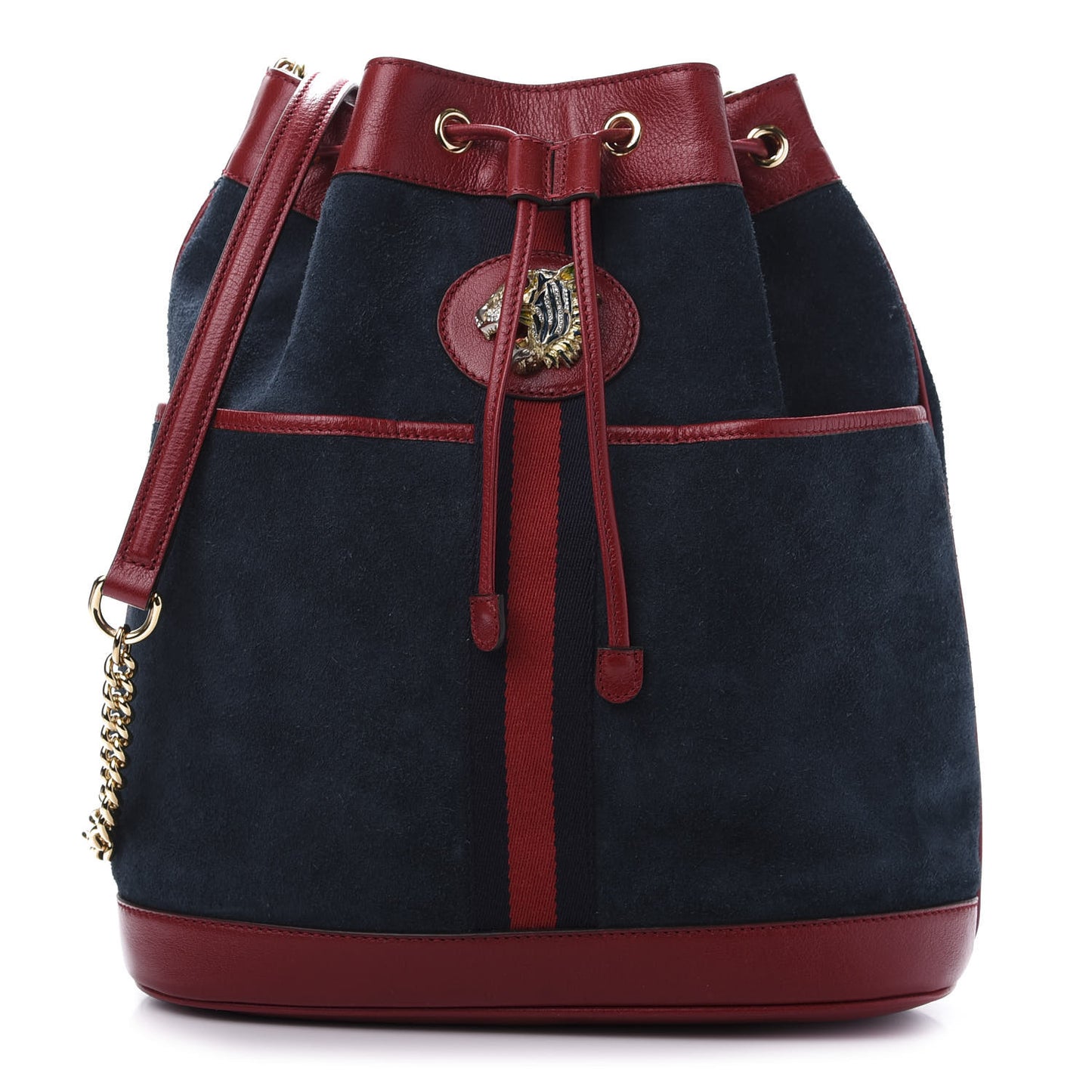 Suede Calfskin Web Medium Rajah Bucket Bag New Blue Romantic Cherry