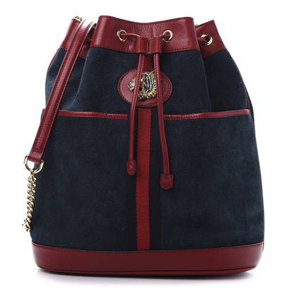 Gucci Suede Calfskin Web Medium Rajah Bucket Bag New Blue Romantic Cherry 1 of 11