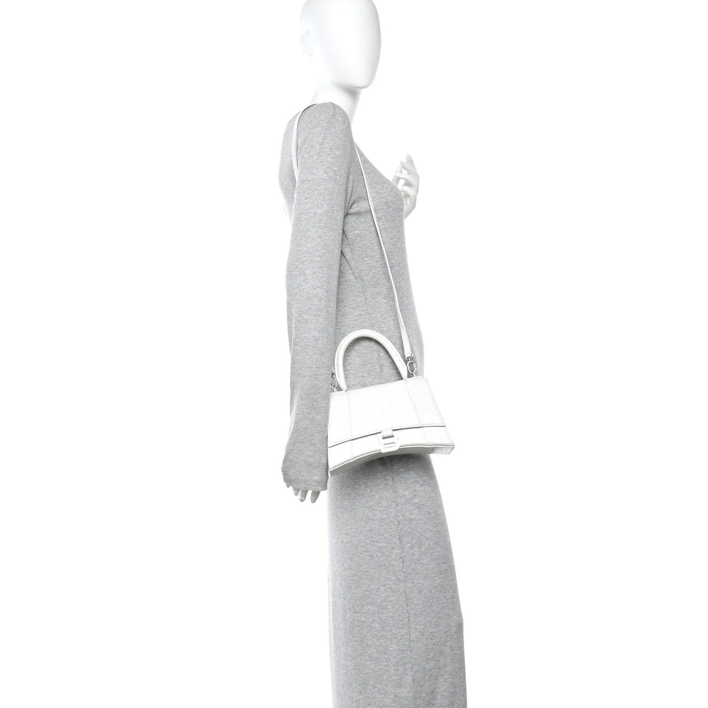 Calfskin Crocodile Embossed Small Hourglass Top Handle Bag White