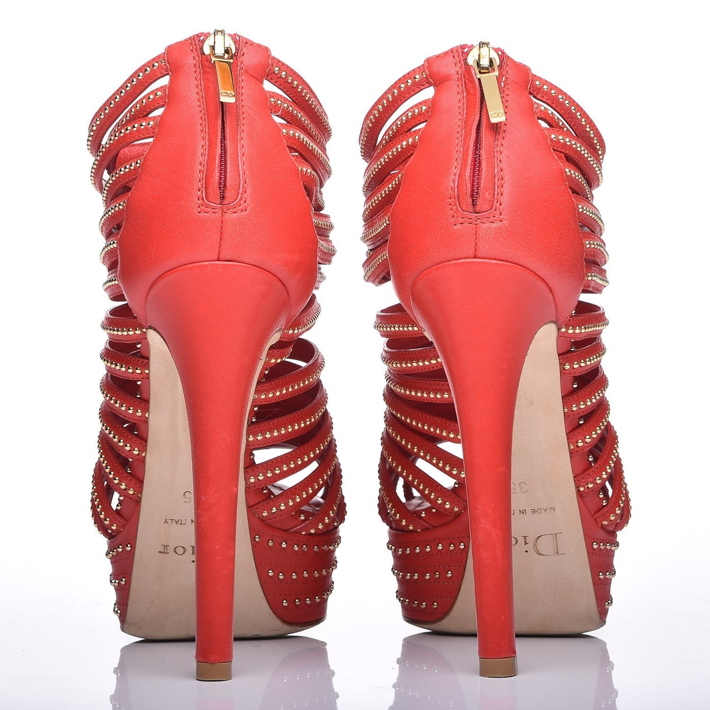 Calfskin Caged Studded Sandals 35 Rouge