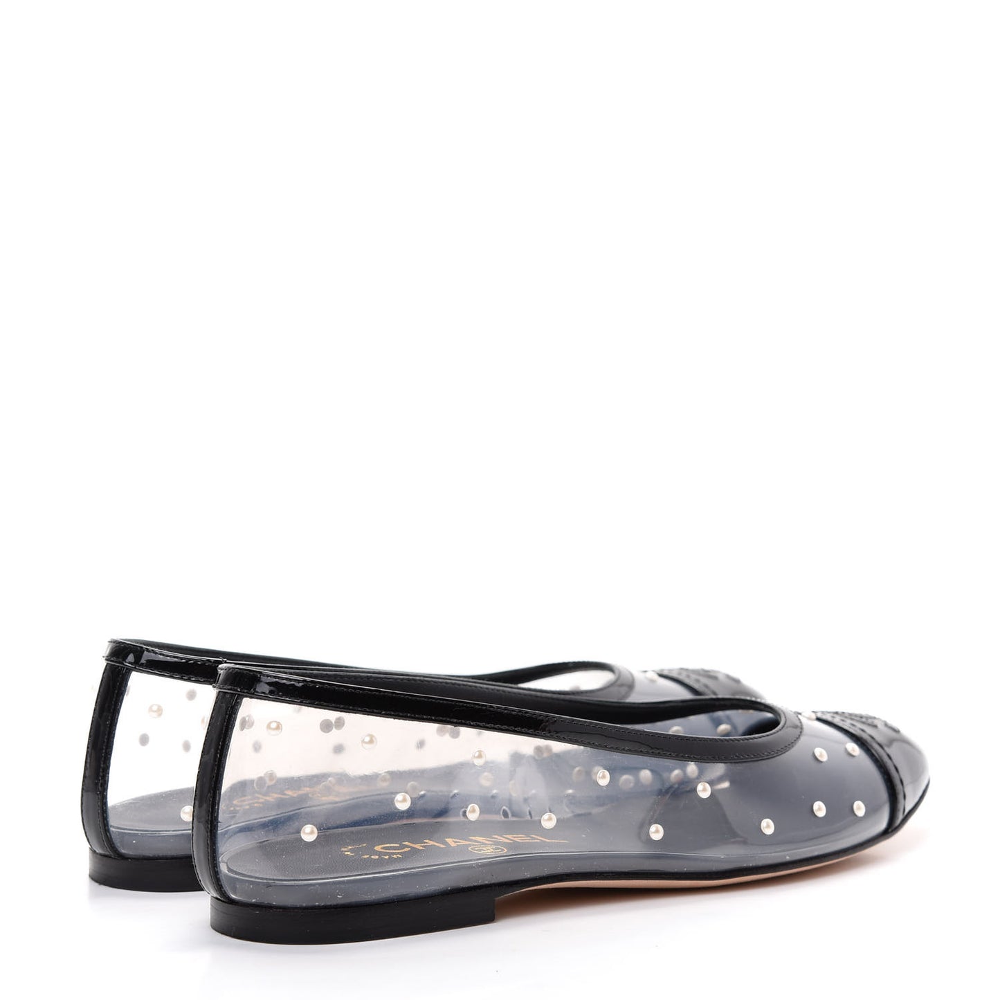 PVC Patent Calfskin Pearl Cap Toe Ballerina Flats 36 Transparent Black