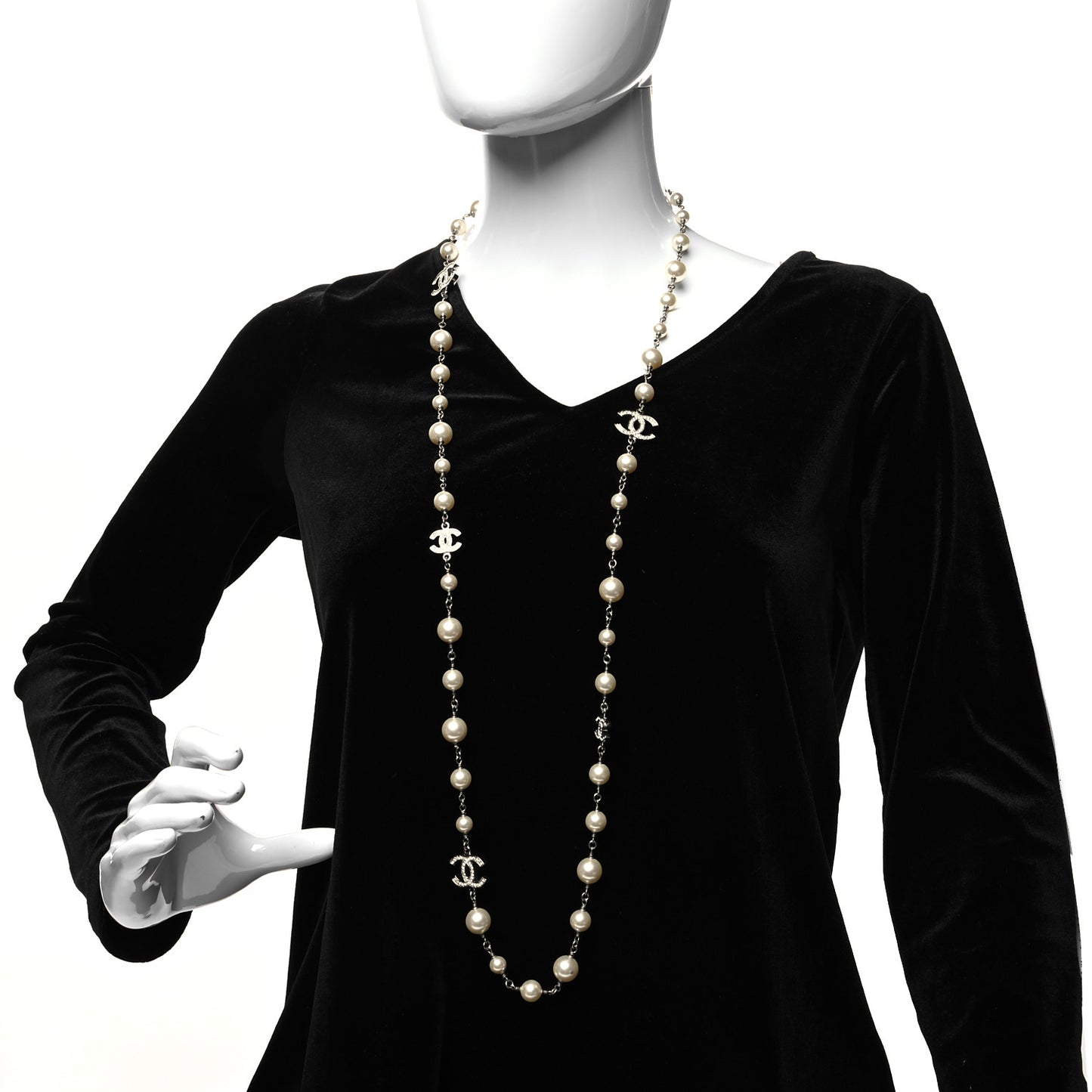 Graduated Pearl Crystal CC Long Necklace Silver
