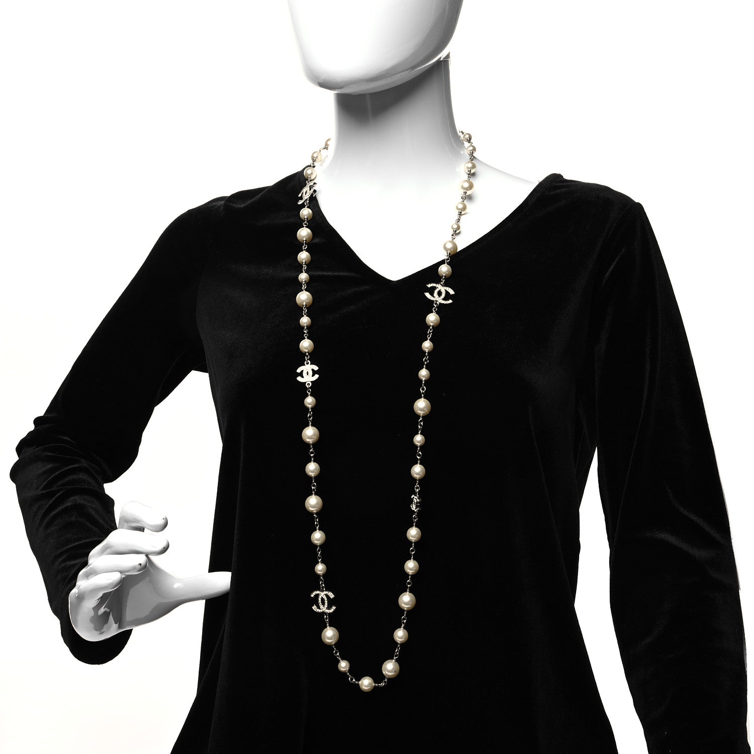 Chanel Graduated Pearl Crystal CC Long Necklace Silver 2 of 5