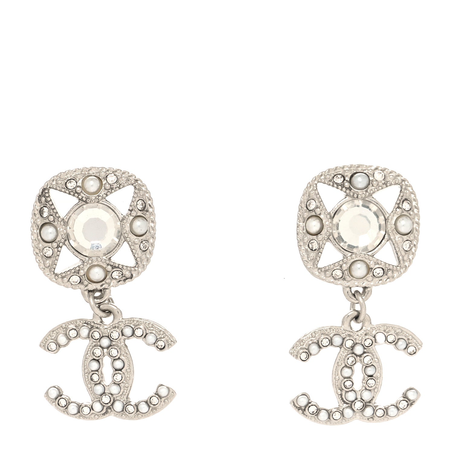 Chanel Crystal Pearl CC Drop Earrings Silver 1 of 4