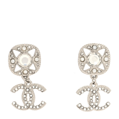 Chanel Crystal Pearl CC Drop Earrings Silver 1 of 4