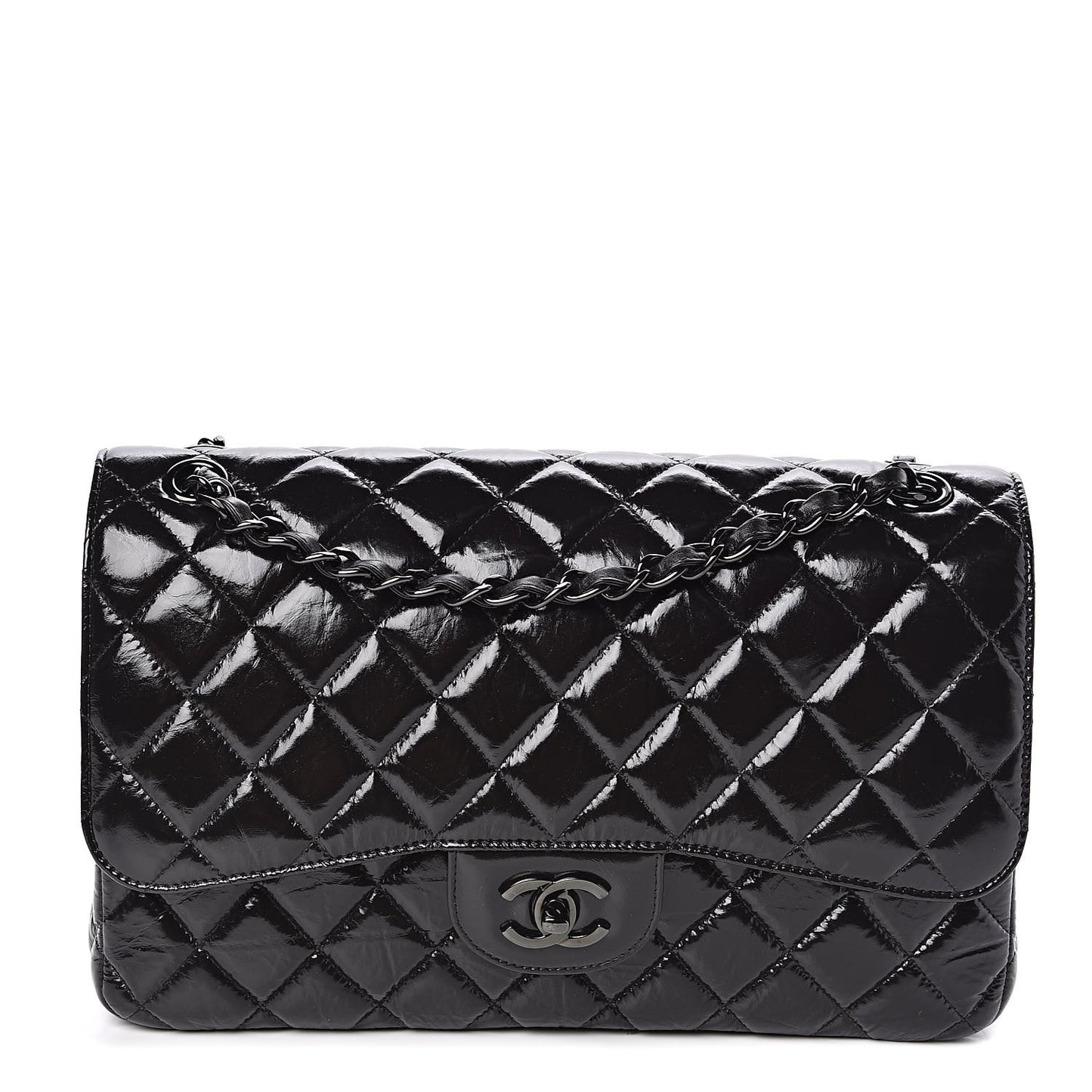 Shiny Distressed Calfskin Quilted Jumbo Double Flap So Black
