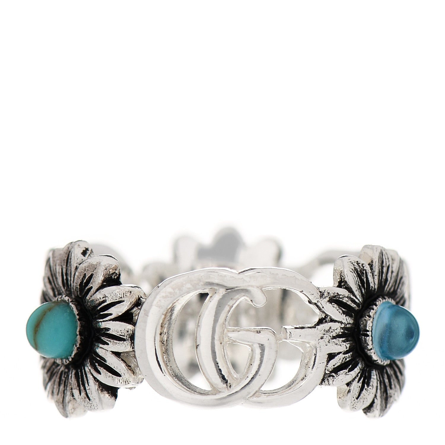 Gucci Sterling Silver Mother of Pearl Blue Topaz Flower Marmont Double G Ring 54 7 1 of 6